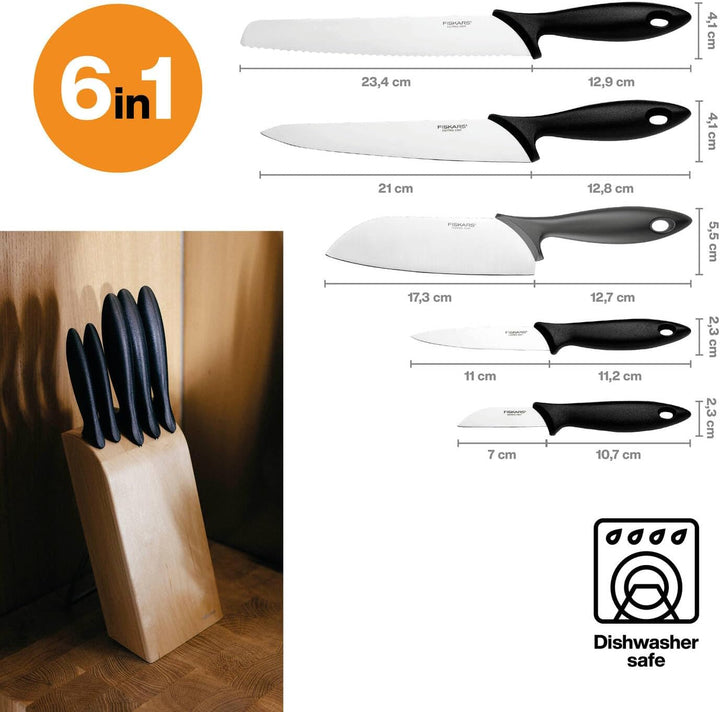Fiskars Messerblock mit 5 Messern, Essential, Inklusive Gemüsemesser, Schälmesser, Kochmesser, Santo