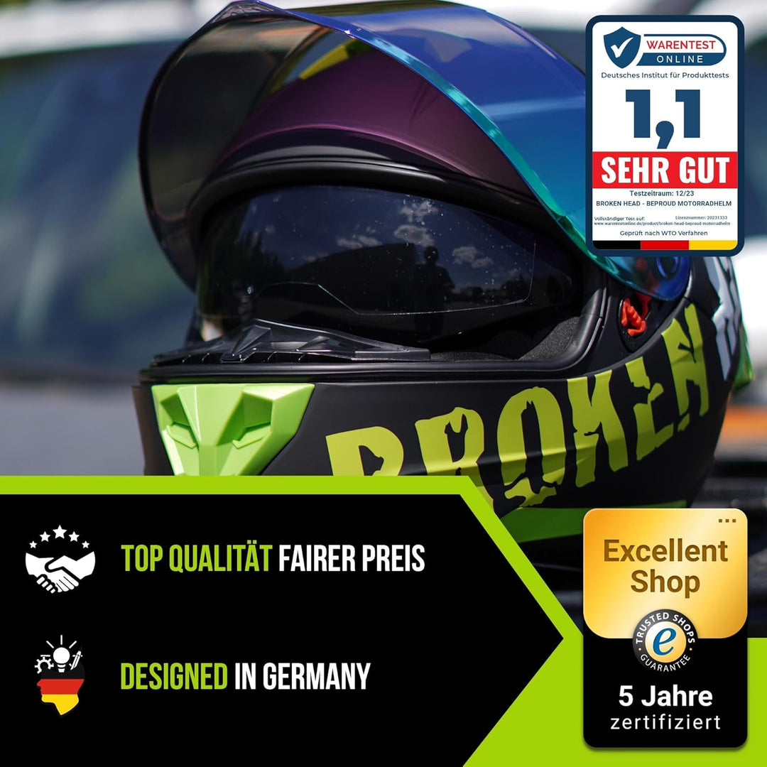 Broken Head BeProud Pro Sport - Motorradhelm Mit Sonnenblende und Spoiler – Ltd. Edition Mit 2 Visie
