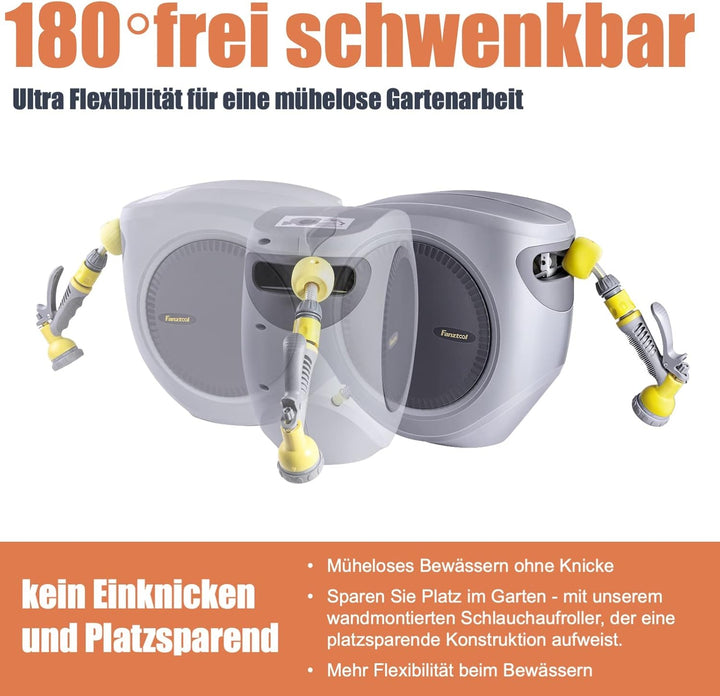 FANZTOOL 35m Schlauchtrommel Set mit Wandhalterung Inkl. 8-Funktionen-Multi-Handbrause | Automatik E