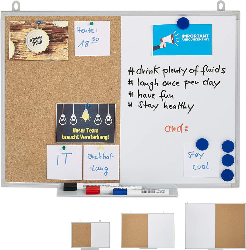 Relaxdays Kombitafel 2 in 1, Kork Pinnwand & Magnettafel, Aluminiumrahmen, Kombiboard mit Ablage, 45