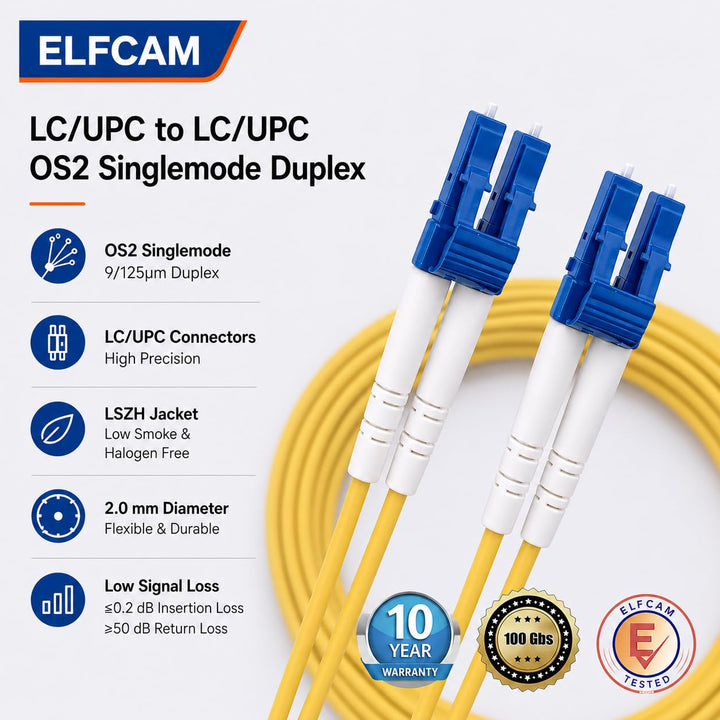 Elfcam® - LWL Glasfaser-Kabel LC/UPC auf LC/UPC Stecker, Duplex Singlemode 9/125μm OS2 Patchkabel, L