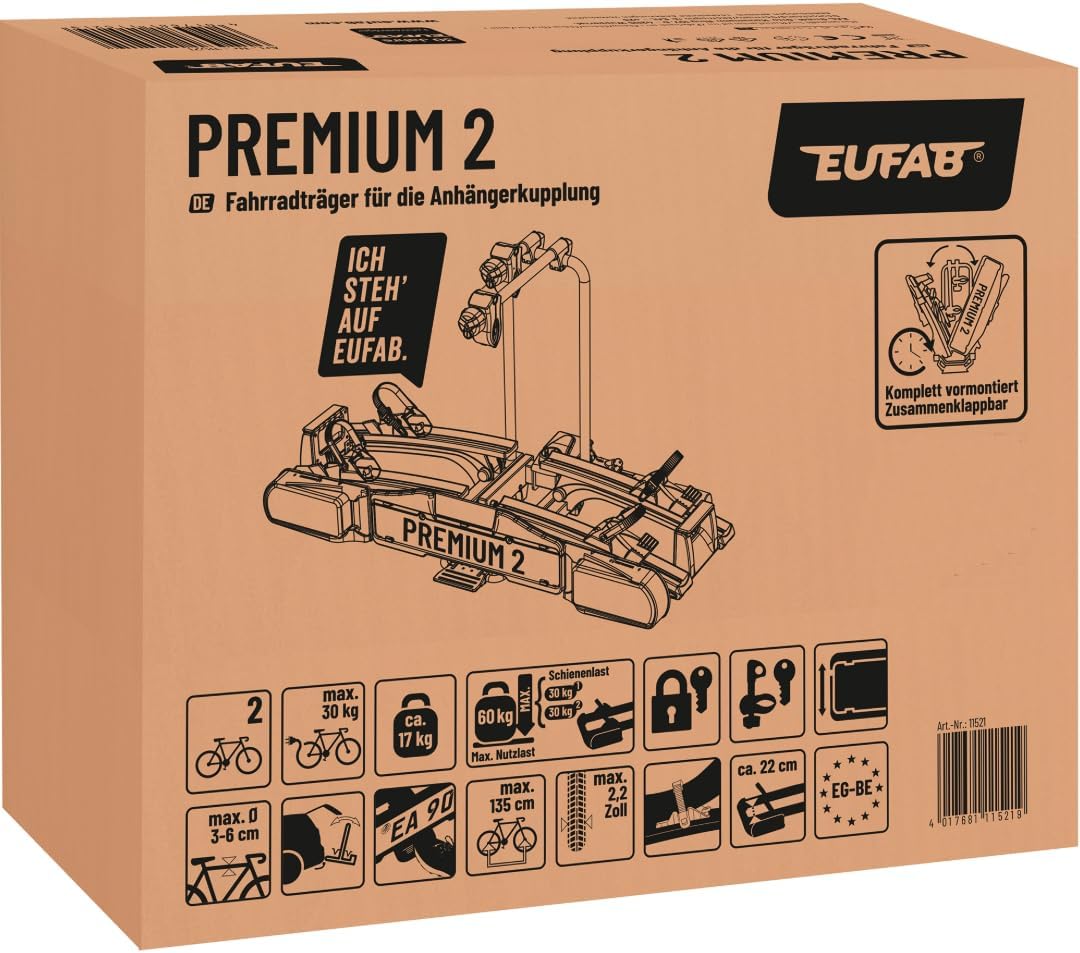 EUFAB 11521 Fahrradträger PREMIUM 2, E-Bike geeignet, komplett vormontiert, Diebstahlschutz, für 2 F