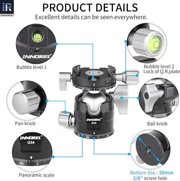 INNOREL G34 Low Profile Stativ-Kugelkopf Doppelter Panorama-Metall-Kamerastativ-Kugelkopf mit 1/4" A