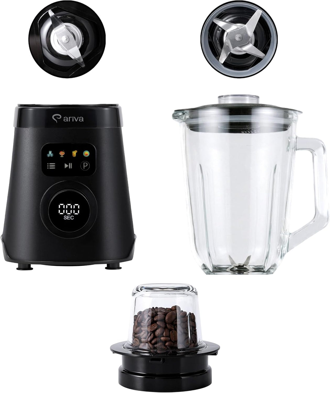 ARIVA Standmixer 1000W mit 1,5L Glasbehälter & Kaffeemühle, Smoothie Maker & Ice Crusher mit LED-Tou