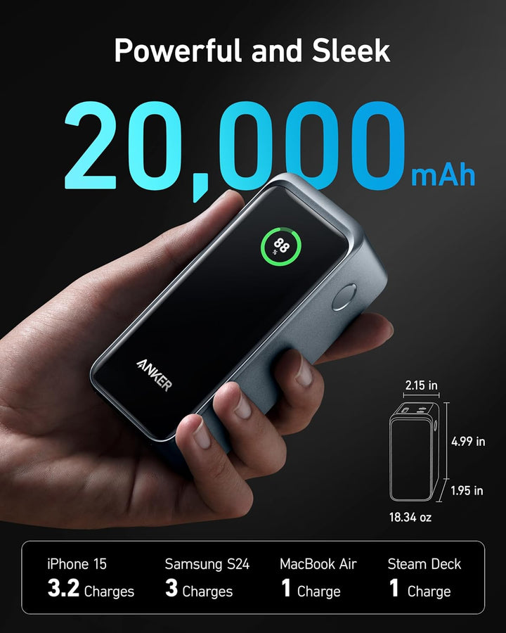 Anker Prime Powerbank, 20.000mAh externer Akku mit 200W Leistung, Digitales Display, 2X USB-C und 1x