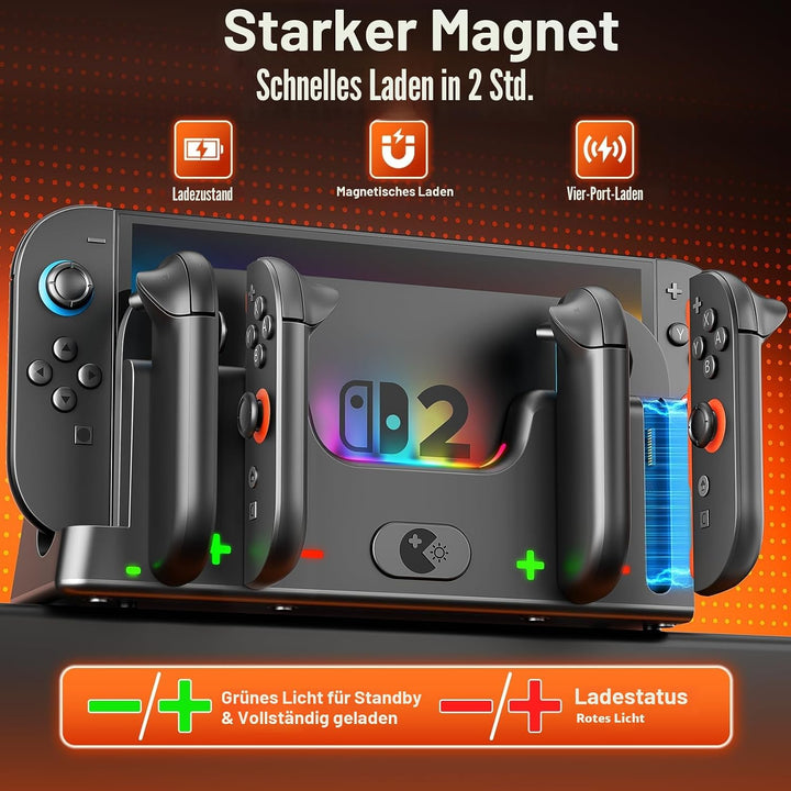 Wenocally Switch 2 Controller-Ladestation, Kompatibel mit Switch 2 Joy-Con,Joycon-Ladedock mit 6 RGB