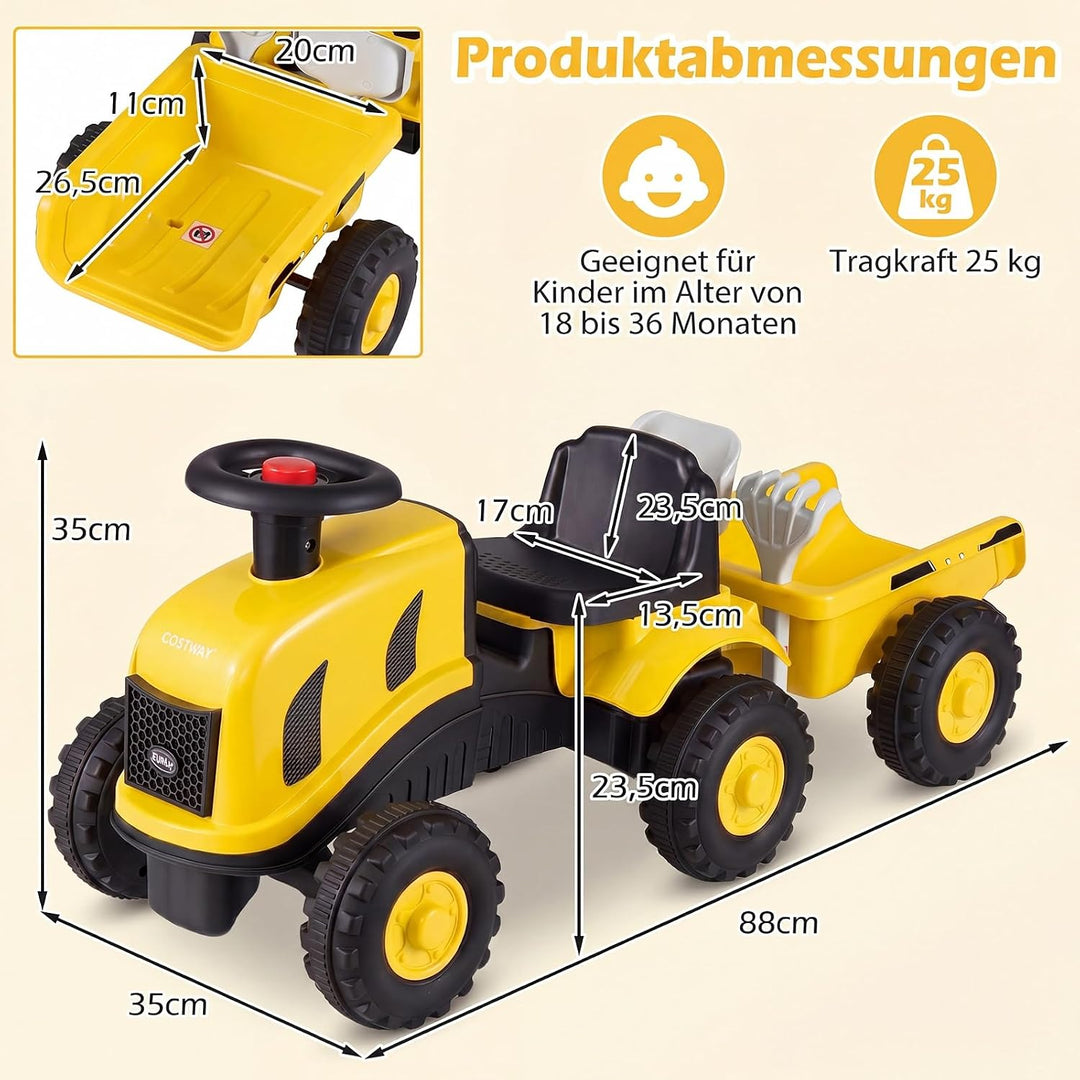 COSTWAY Kindertraktor mit Anhänger, 2-in-1 Rutschfahrzeug (Gelb), Gelb
