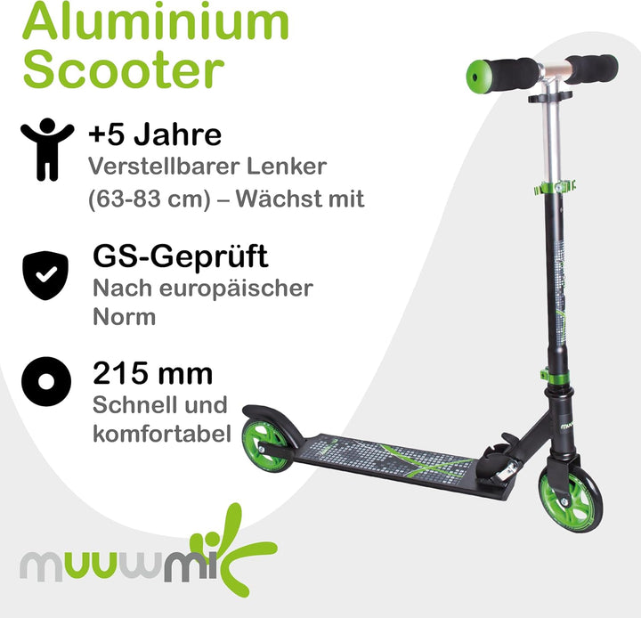 muuwmi Aluminium Scooter – Tretroller, 125 mm, ABEC 5, GS geprüft, höhenverstellbar grün/schwarz, gr