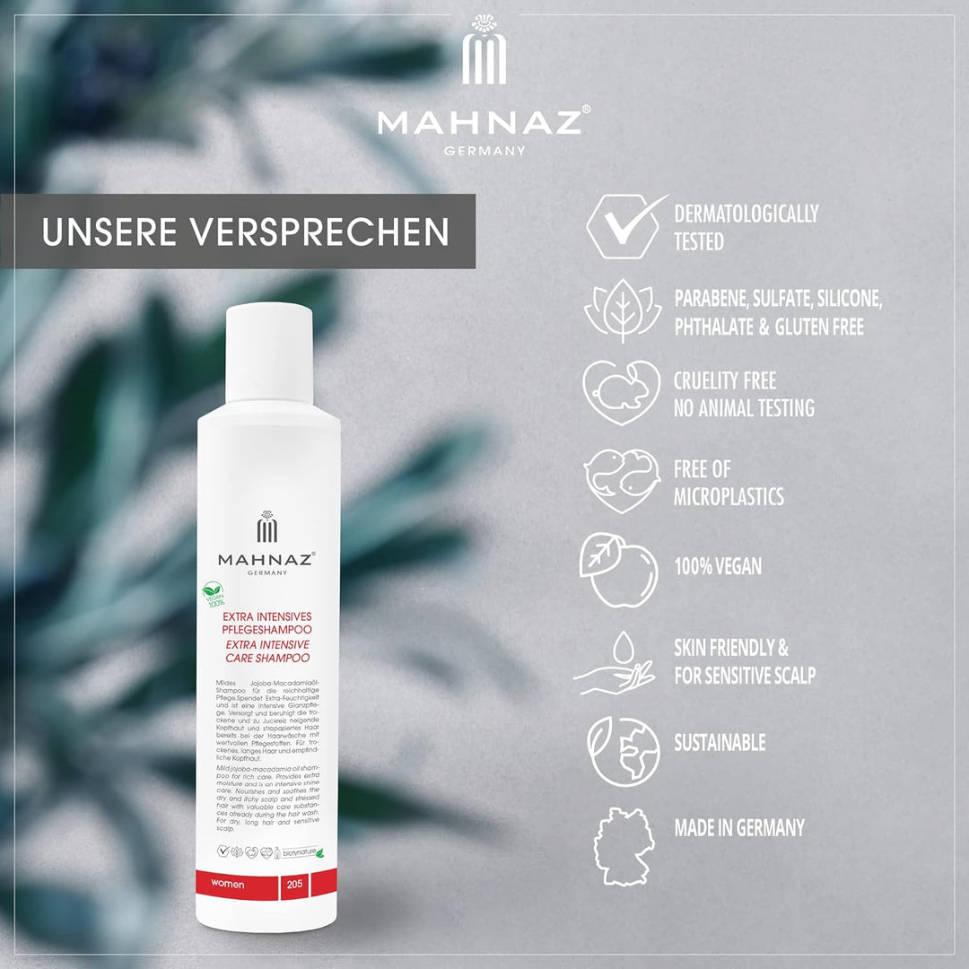 MAHNAZ® Veganes Shampoo für trockene Kopfhaut &amp; trockenes Haar - 200ml - Intensives Feuchtigkeitssha