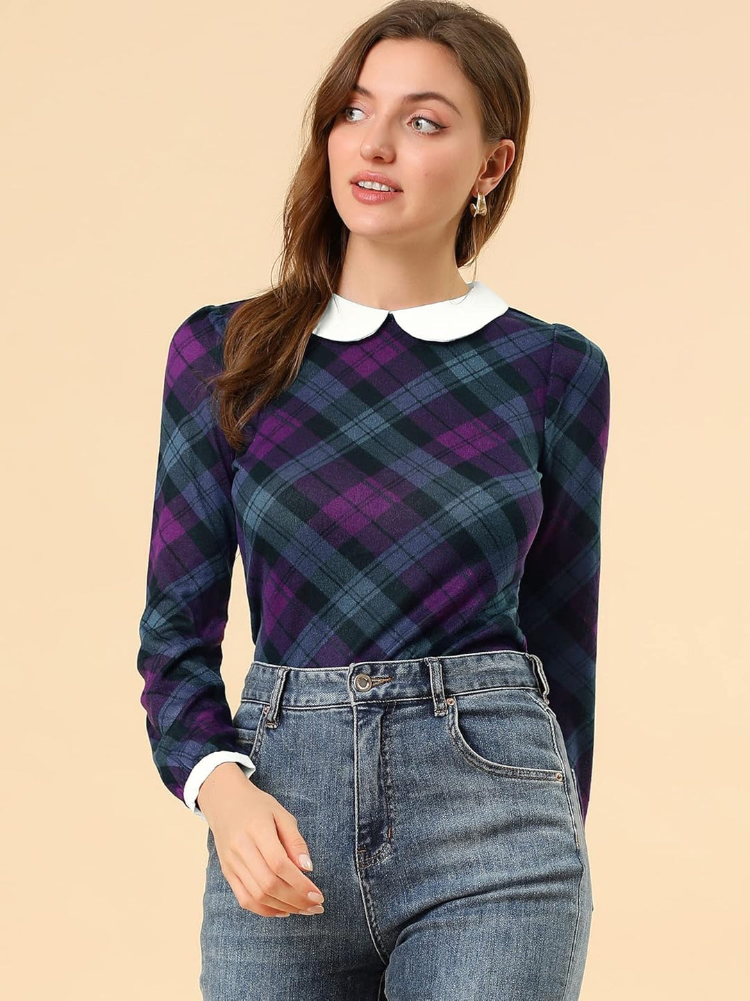Allegra K Damen Bubikragen Bluse Oberteil Langarm Panel Elegant Kariert Shirt S Lila, S Lila