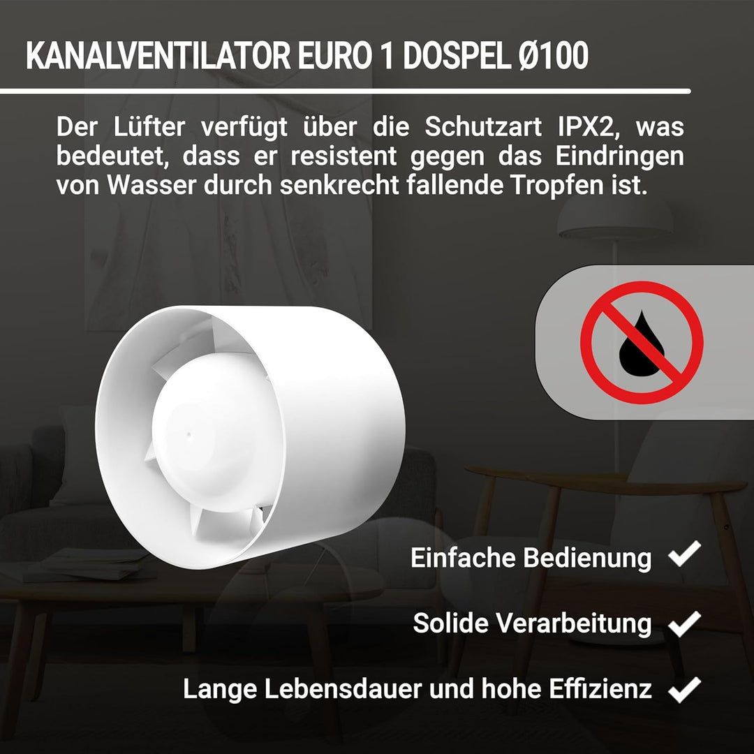 DOSPEL Kanal Rohrventilator Euro 1 - Inline-Abluftventilator fi 100 - für Wohnräume, Büros, Gastrono