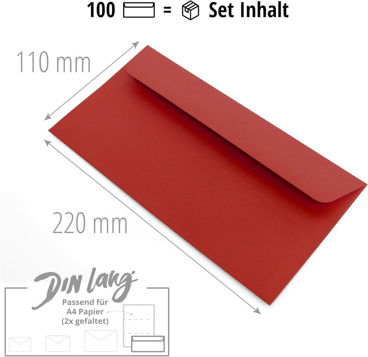 Briefumschläge (100 Stück) aus Papier, Kuvert, Umschlag ohne Fenster - DIN lang - 220 x 110 mm - rot