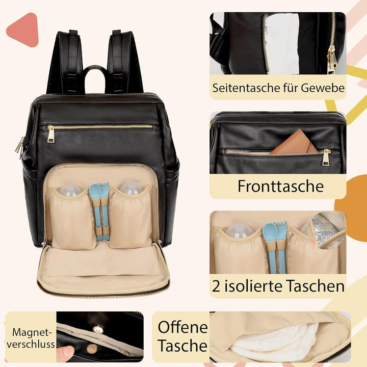 MISS FONG Wickelrucksack Wickeltasche Leder, Baby Rucksack Wickelrucksack Grosse Kapazität Mit 13 Wi