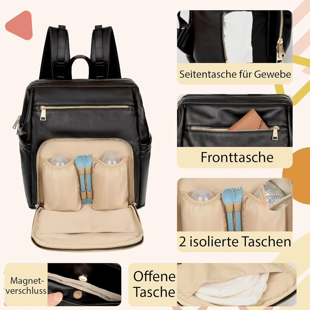 MISS FONG Wickelrucksack Wickeltasche Leder, Baby Rucksack Wickelrucksack Grosse Kapazität Mit 13 Wi