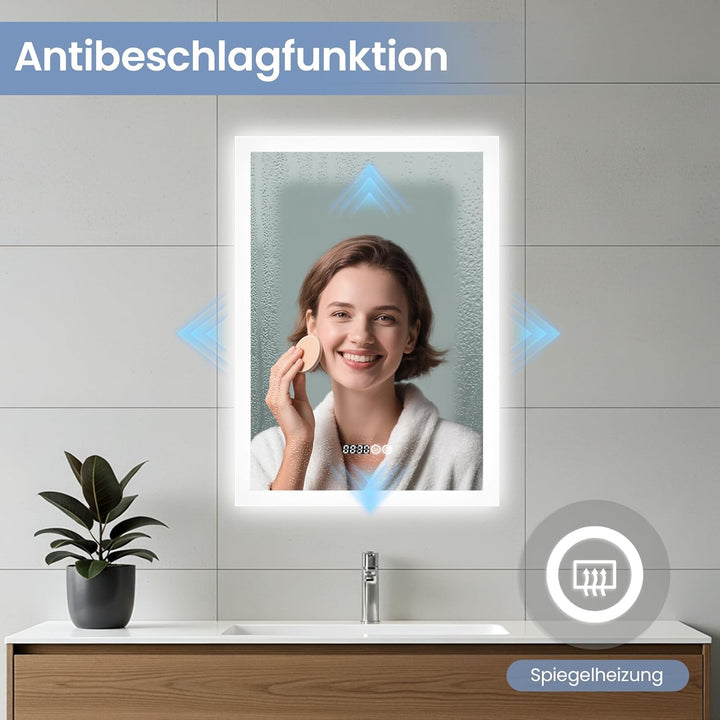 AQUABATOS LED Spiegel mit Uhr 50x70 cm Badspiegel mit Beleuchtung und Uhrzeit 3 Lichtfarben Dimmbar