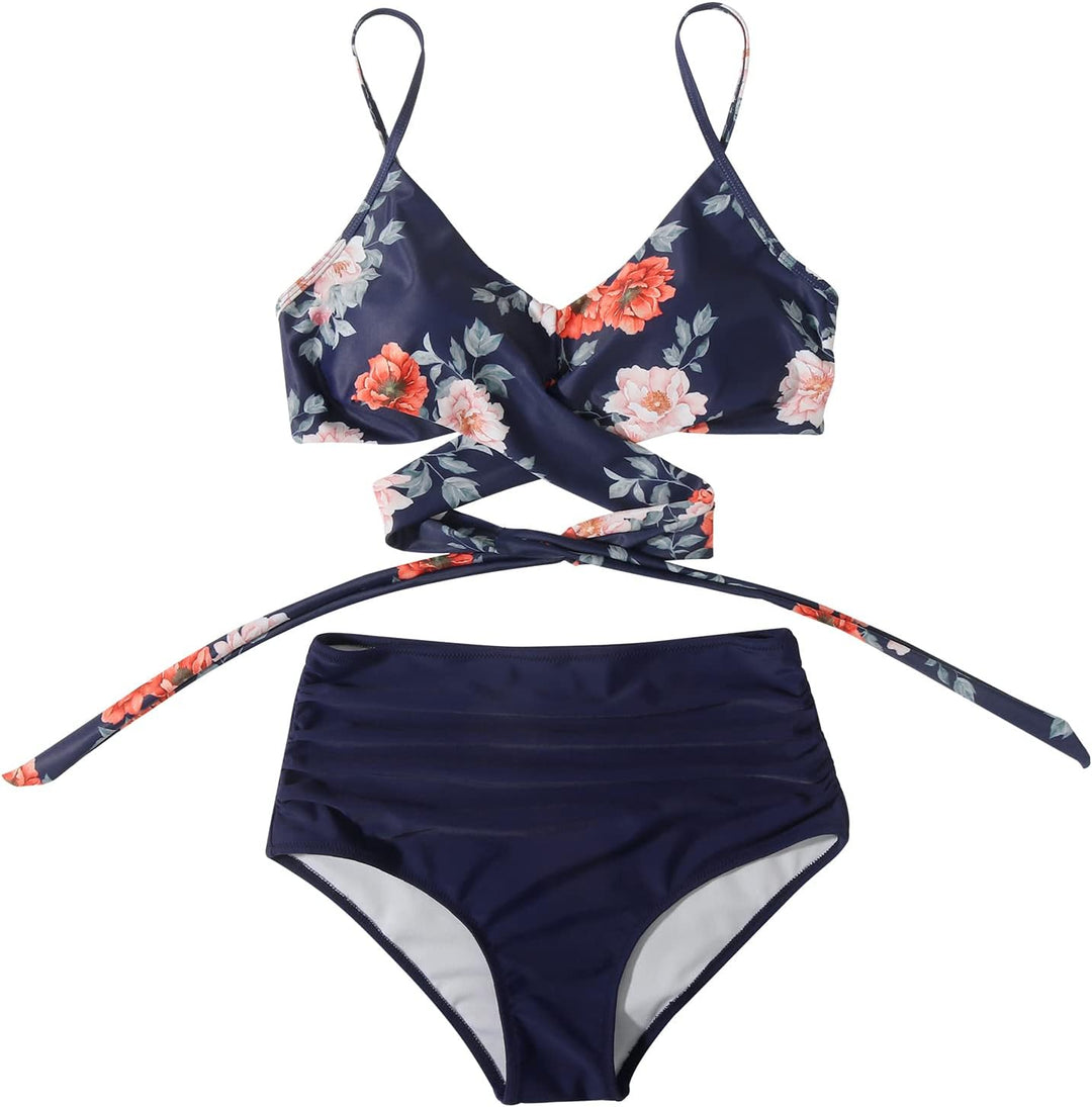 RXRXCOCO Damen Wickel Push Up Bikini Oberteil mit Bauchweg High Waist Bikini Set Bademode S Blume Bl