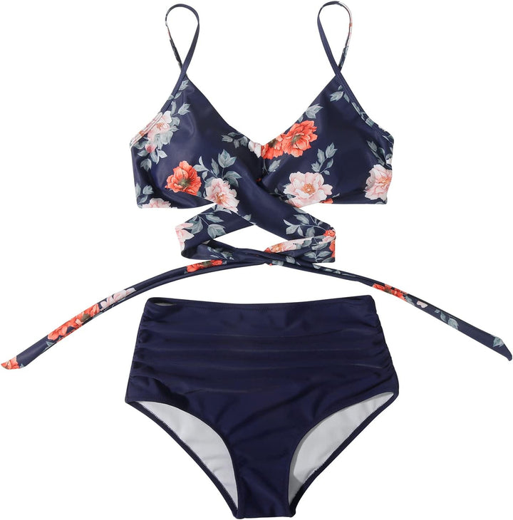 RXRXCOCO Damen Wickel Push Up Bikini Oberteil mit Bauchweg High Waist Bikini Set Bademode S Blume Bl