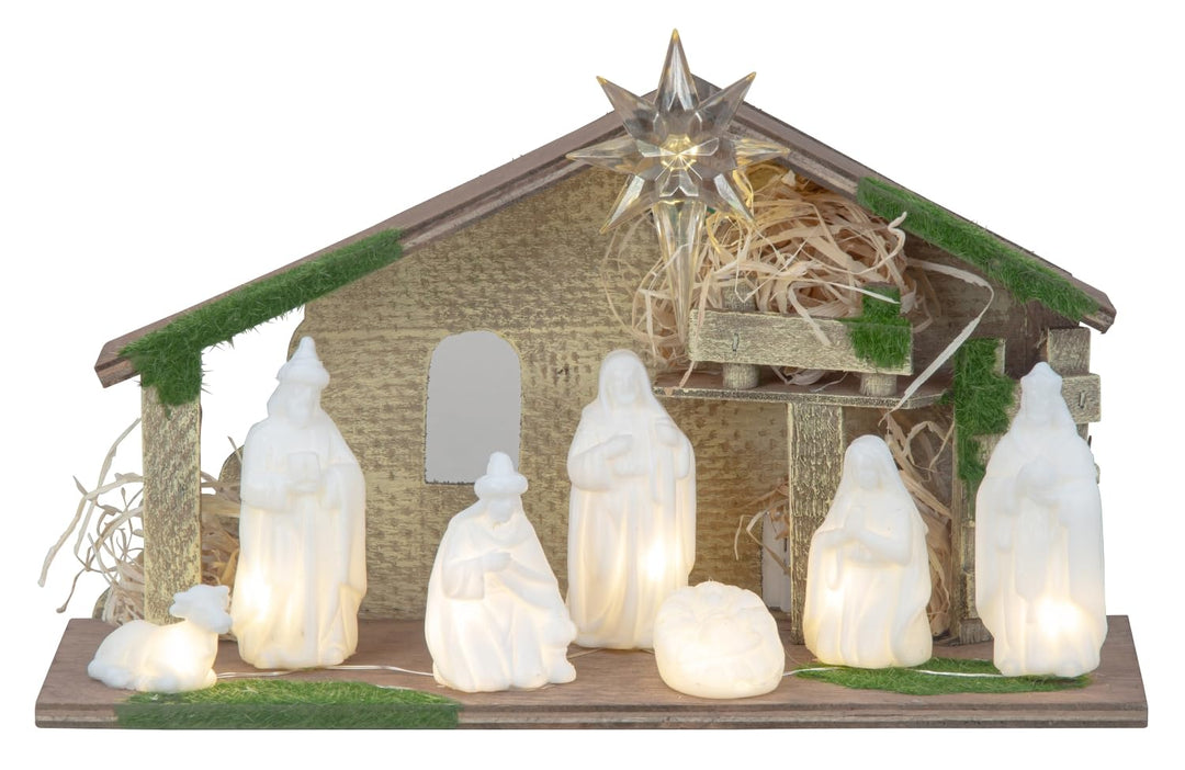 Weihnachtskrippe Krippe Tischkrippe mit Figuren, 7 TLG. Set inkl. Licht Krippenset Weiss Krippenszen