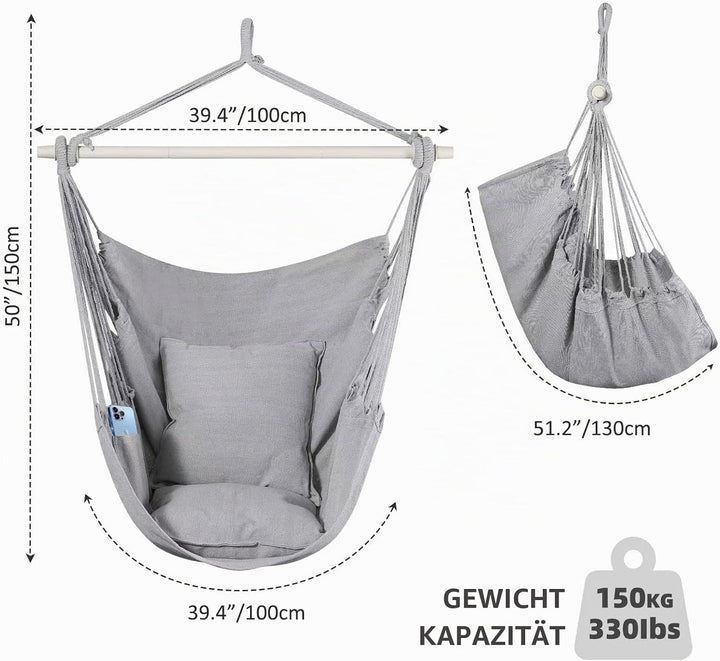 Goutime Schaukel Stuhl Grosse Hängematte Stuhl Weiche Baumwolle mit 2 Sitzkissen Kissen mit Tragetas