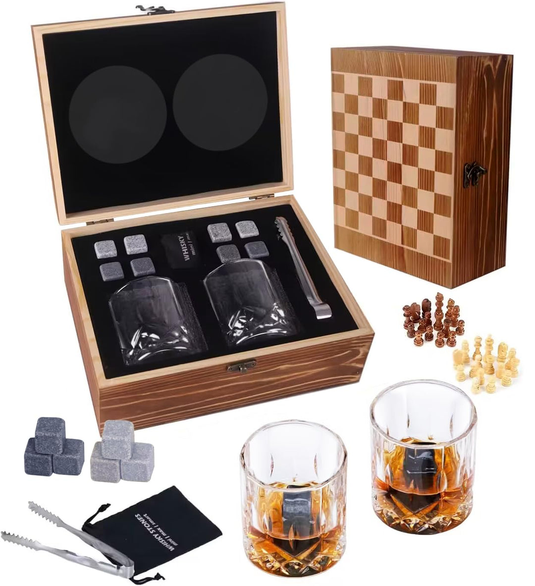 ZBPASL Whisky Geschenkset für Männer,8 Whisky Steine mit 2 Whiskey Gläser,Whiskeyglas, Eiszange mit