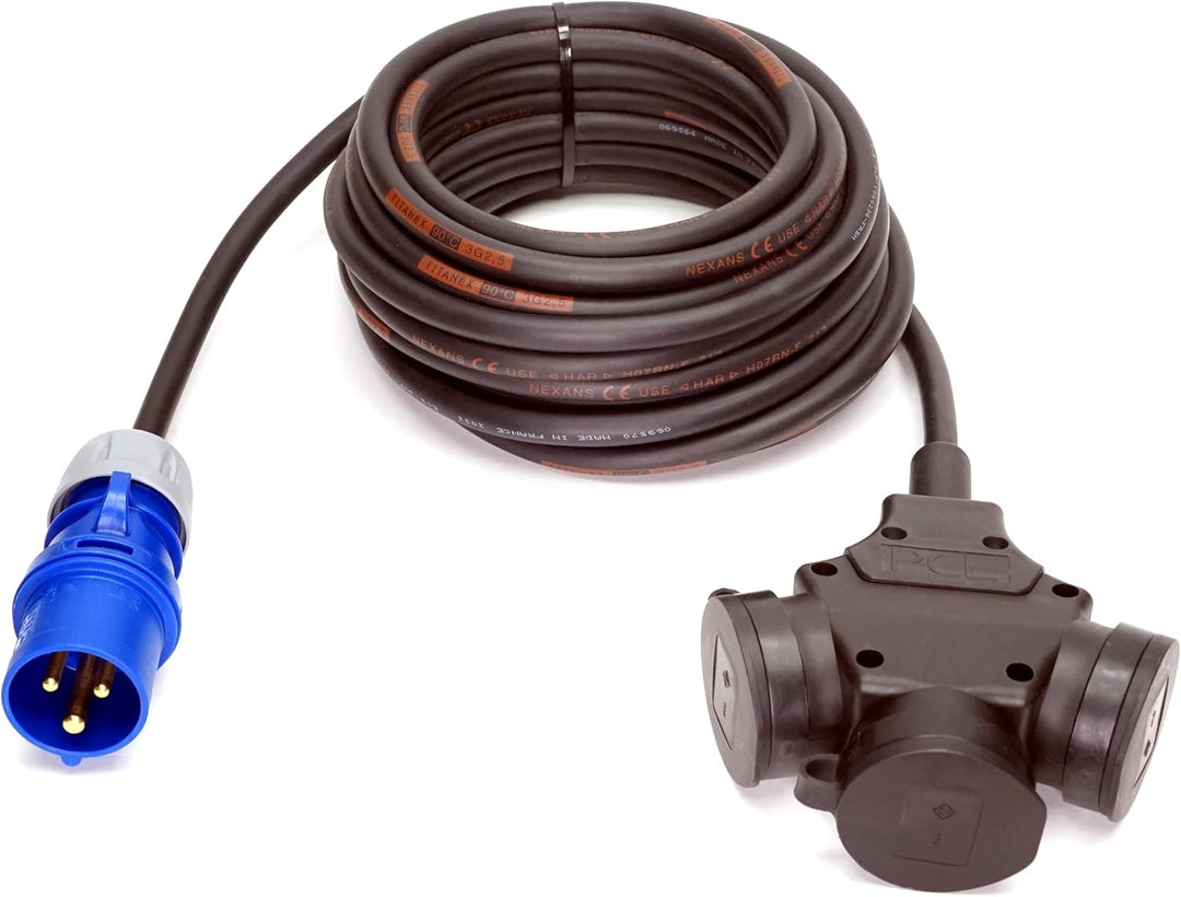 CEE-Stecker auf Schuko-Verteilung 3-Fach (1,5m-50m) 16A Verlängerungskabel Titanex H07RN-F 3x2,5mm²