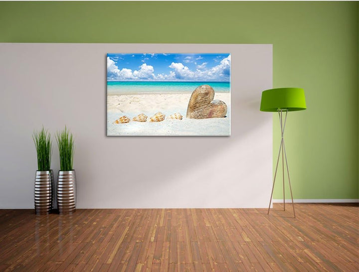 Pixxprint Sandstrand mit Muscheln als Leinwandbild/Grösse: 100x70 / Wandbild/Kunstdruck/fertig bespa