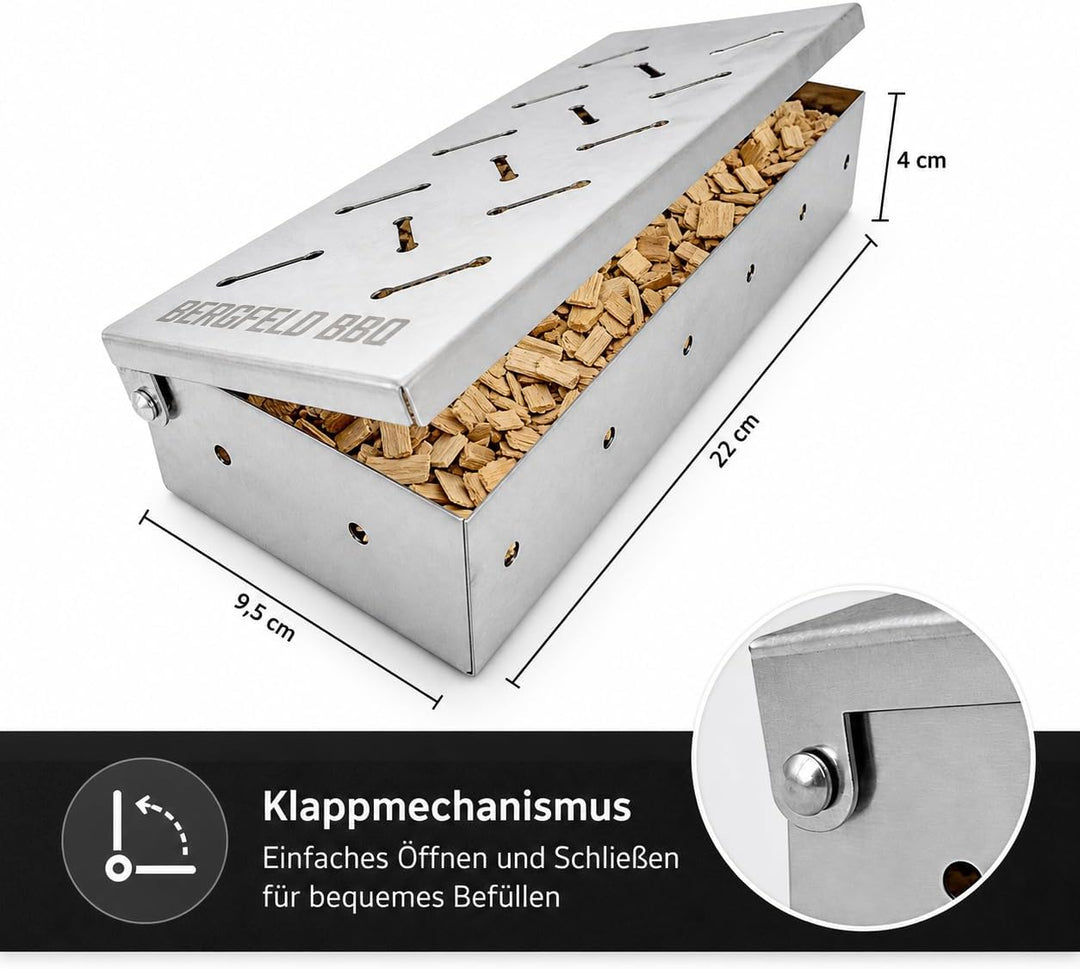 Bergfeld BBQ – Räucherbox-Set inkl. 5 Sorten Räucherchips (Apfel, Kirsch, Hickory, Buche, Eiche; je