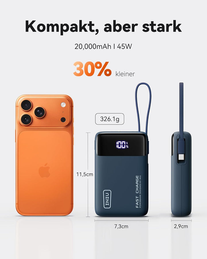 INIU 45W Power Bank, Ultra Klein 20000mAh Powerbank mit Integriertem USB C Kabel, Schnellladen Exter