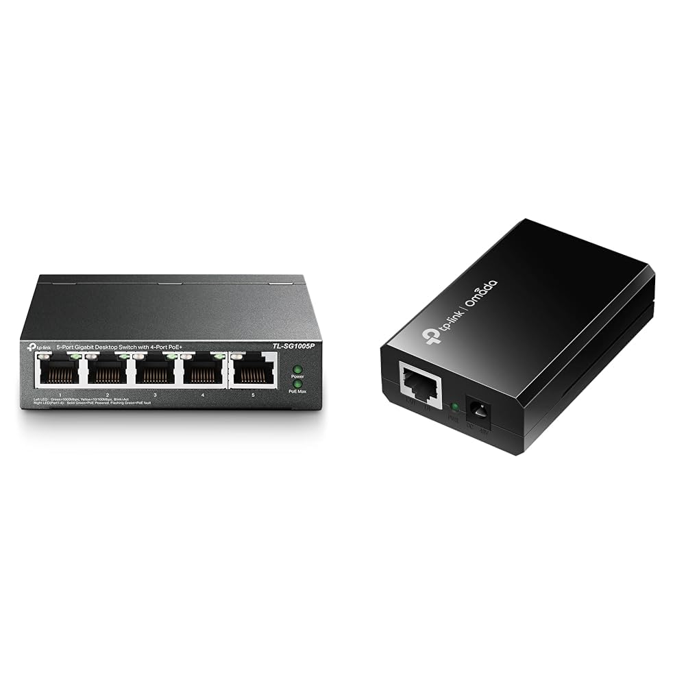 TP-Link TL-SG1005P 5-Port Gigabit PoE Switch mit 4 PoE+ Ports mit TP-Link TL-POE150S Gigabit PoE Inj