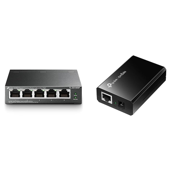 TP-Link TL-SG1005P 5-Port Gigabit PoE Switch mit 4 PoE+ Ports mit TP-Link TL-POE150S Gigabit PoE Inj