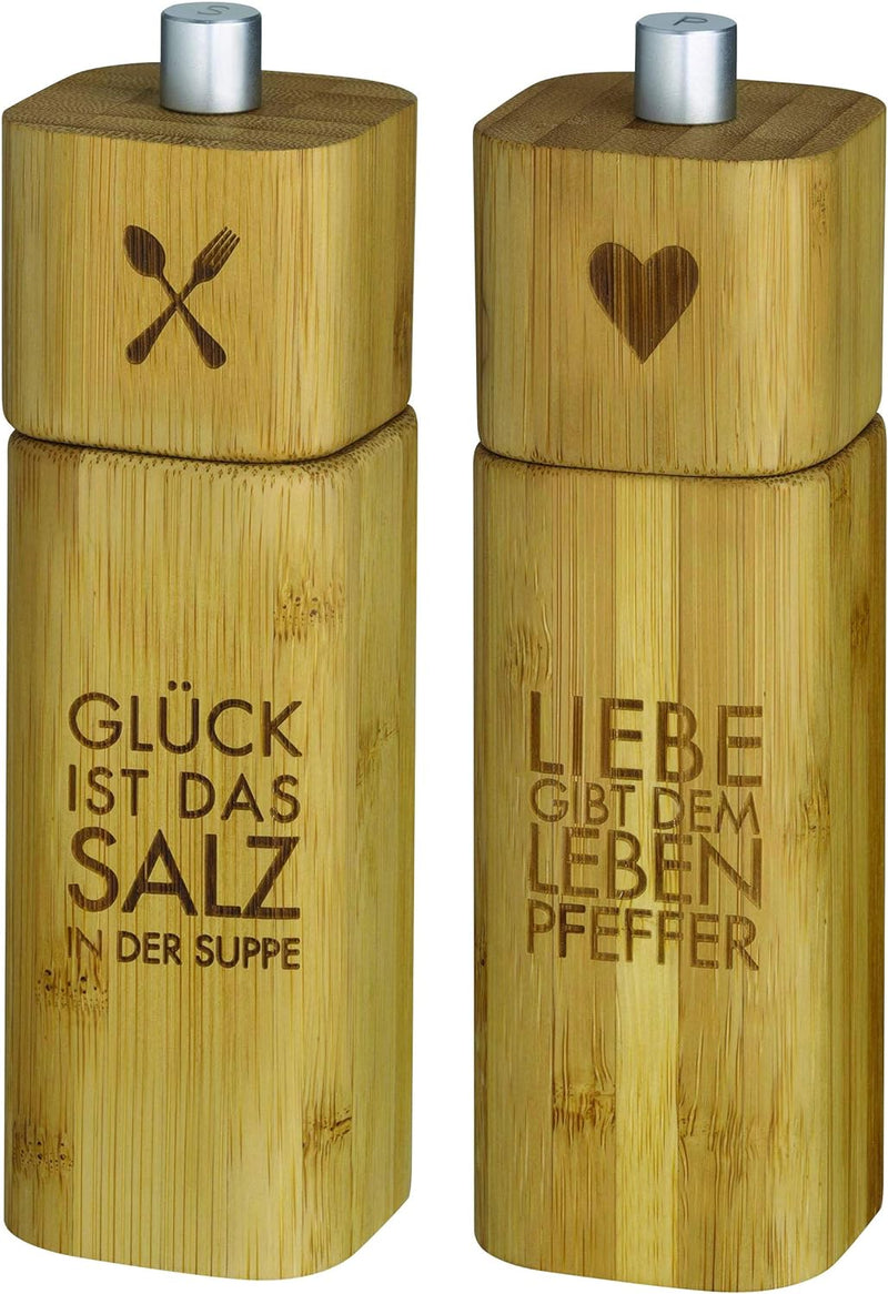 Salzmühle "Glück ist das Salz in der Suppe" + Pfeffermühle "Liebe gibt dem Leben Pfeffer" Natur, Nat
