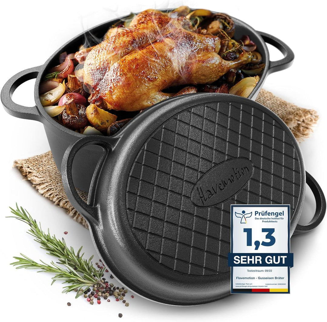 FLAVEMOTION Gusseisen Bräter mit Deckel als Grillpfanne (2in1) 35cm, 9,1L, 8,5kg - Topf, Schmortopf