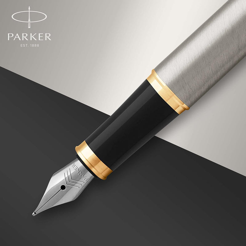 Parker IM Füller | Brushed Metal | Füllfederhalter mit feiner Feder | blaue Tinte | Geschenkbox Brus