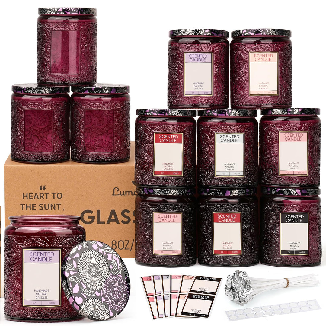 LumaCraft Candle Luxus Relief Kerzengläser zum Kerzen giessen- 12er Pack Leere Glasgefässe mit Luftd