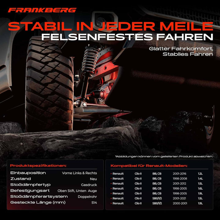 Frankberg 2x Federbein Stossdämpfer Gasdruck Vorne für Clio II BB, CB SB0/1/2 Schrägheck Kasten 1.1L