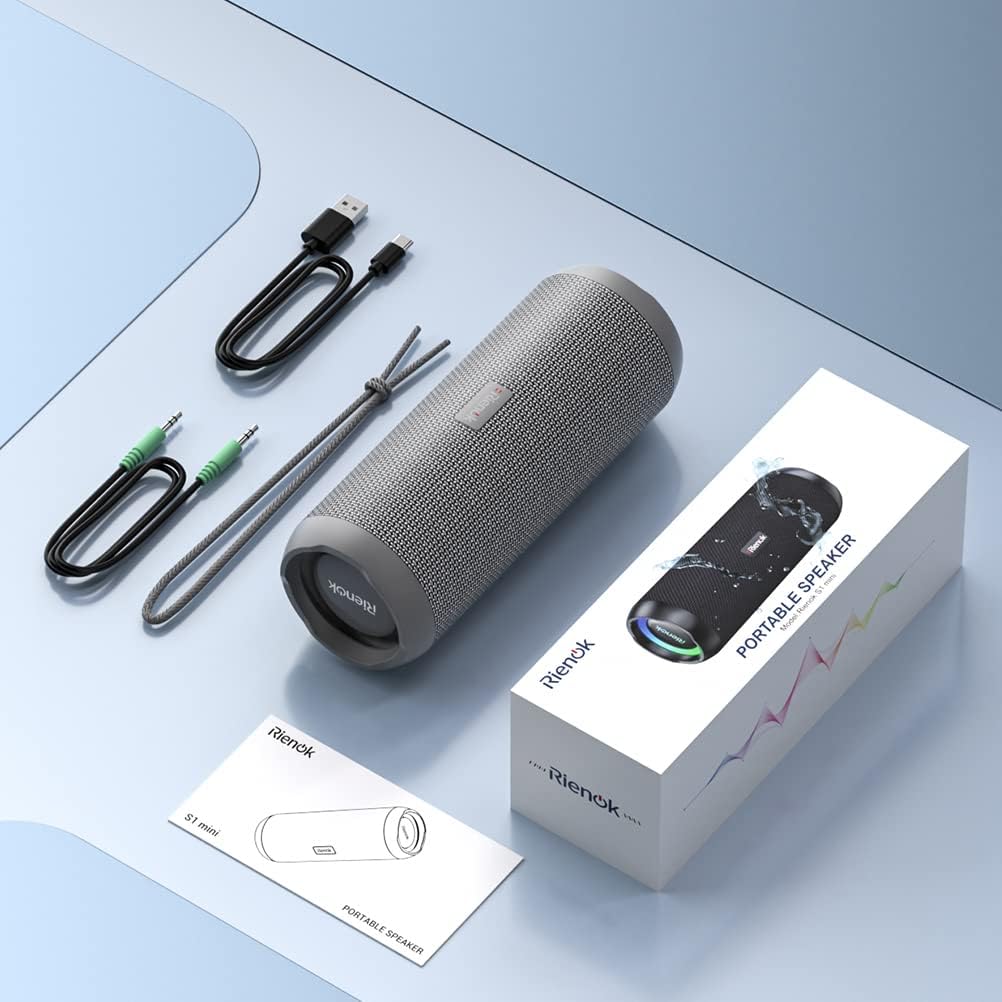 RIENOK Bluetooth Lautsprecher mit Licht Bluetooth 5.3 Musikbox Bass Kabellos Box mit IPX7 wasserdich