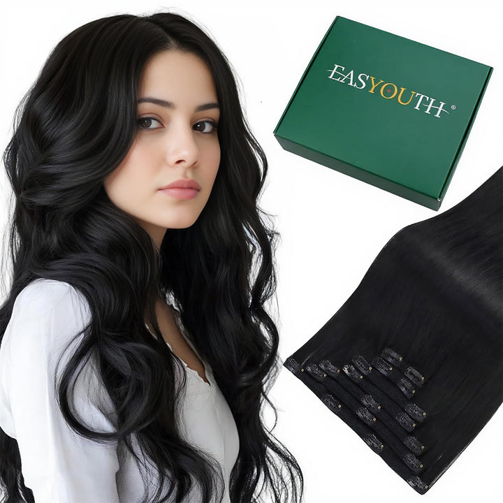 Easyouth Schwarz Clip in Extensions Echthaar Clip Extensions Farbe Pechschwarz Echthaar Clip in Exte