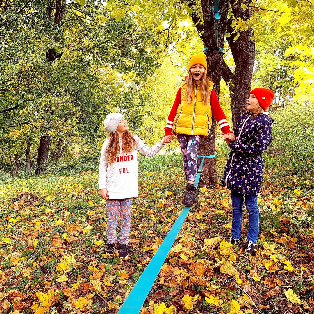 Slackline für Gleichgewichtstraining 15m mit Hochleistungs-Industrie Ratsche, Baumschutzband und Tra