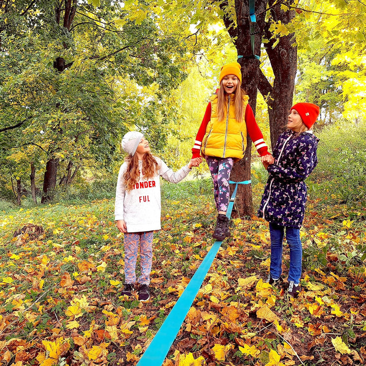 Slackline für Gleichgewichtstraining 15m mit Hochleistungs-Industrie Ratsche, Baumschutzband und Tra