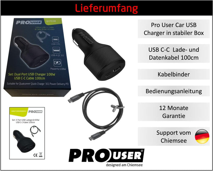 Pro User 2-Fach-USB Car Charger 108W (112.5W SCP) im Set: Auto Ladegerät mit 90W USB-C PD und USB-A