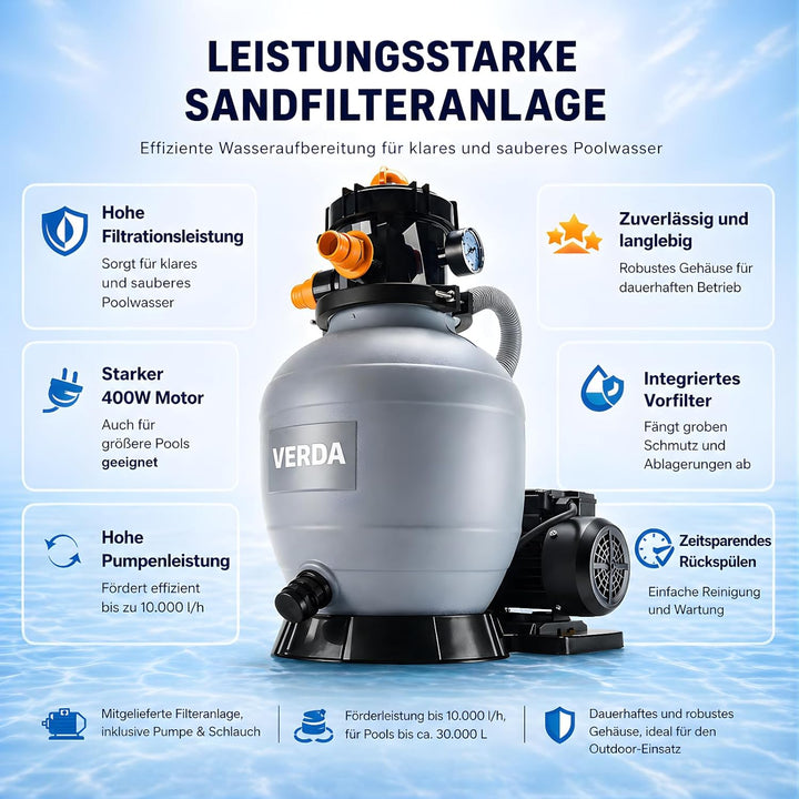 Verda Sandfilteranlage Pumpe 10000 l/h 800g inkl. Filterbällen 10m Förderhöhe 400W Pool Filterpumpe