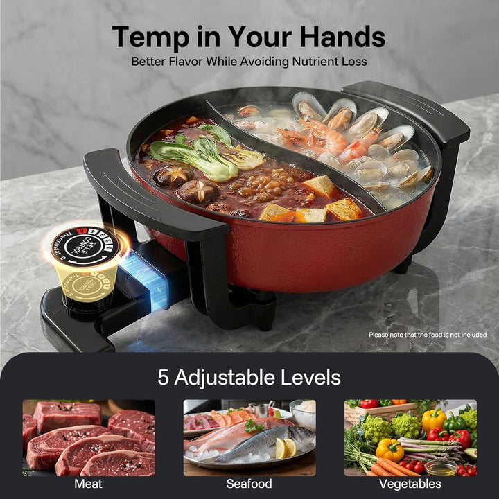 Elektrischer Hot Pot 6 L mit Trennwand, 1360 W und Glasdeckel | Antihaftbeschichteter Aluminiumtopf