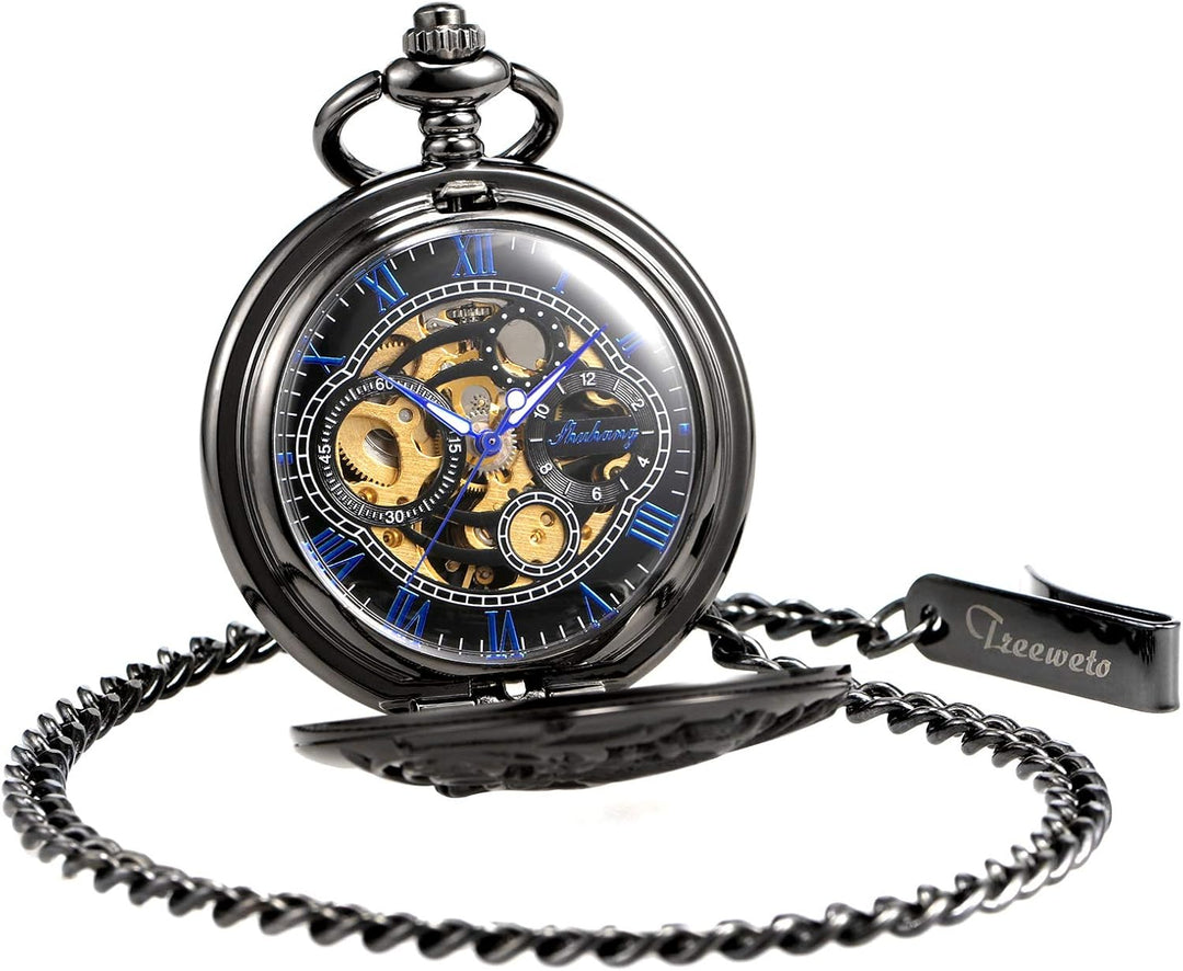 TREEWETO Unisex Taschenuhr mit Kette Analog Handaufzug Doppelscharnier Antik Drache Skelett Bronze 3