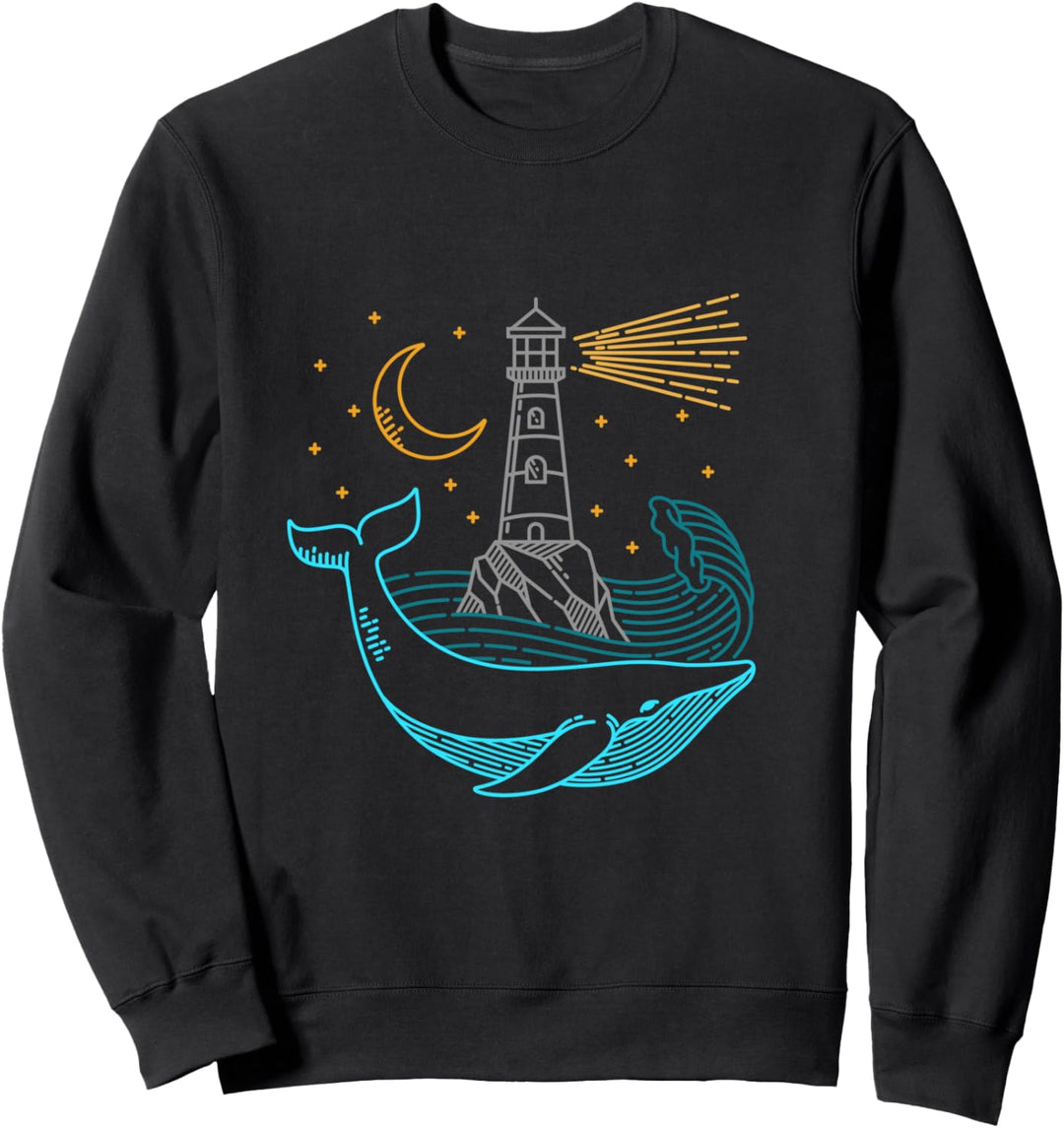 Wal mit Leuchtturm Nacht mit Mond und Mondschein am Meer Sweatshirt