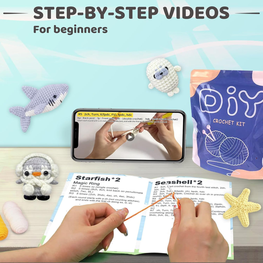 YAMAXIN Häkelset für Anfänger – Ocean Animal Amigurumi DIY Garn Kit mit Schritt-für-Schritt-Anleitun