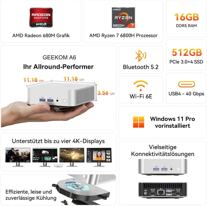 GEEKOM Mini PC A5 Pro mit AMD Ryzen 5 7430U 1 TB SSD | 3-Jahren-Garantie | Kompakter Mini Desktop PC