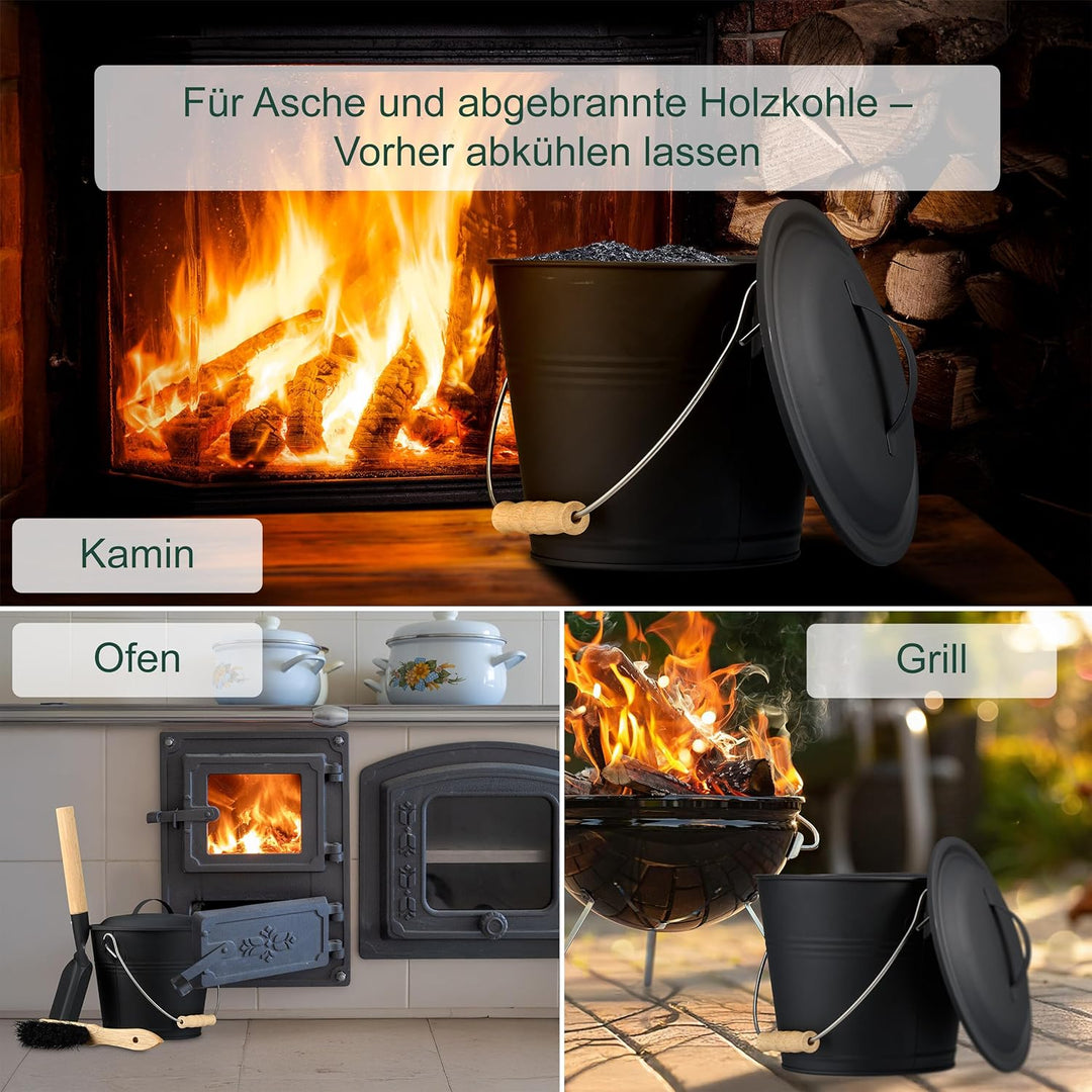 Relaxdays Ascheeimer mit Deckel, 10 Liter, inkl. Aschebesen & Kaminschaufel, Aschebehälter mit Henke