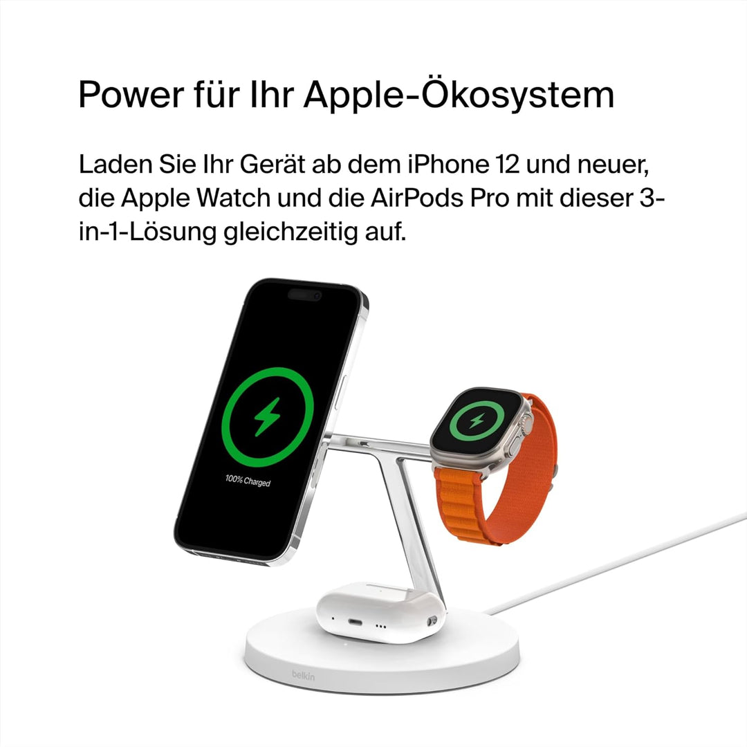 Belkin drahtloses MagSafe 3-in-1-Ladegerät, MagSafe ladestation 15 W, schnelles Laden für das iPhone