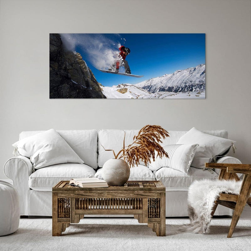 Wandbilder Dekoration Wohnzimmer Snowboard Winter Berg Gipfel Panorama Bilder auf Leinwand 120x50cm