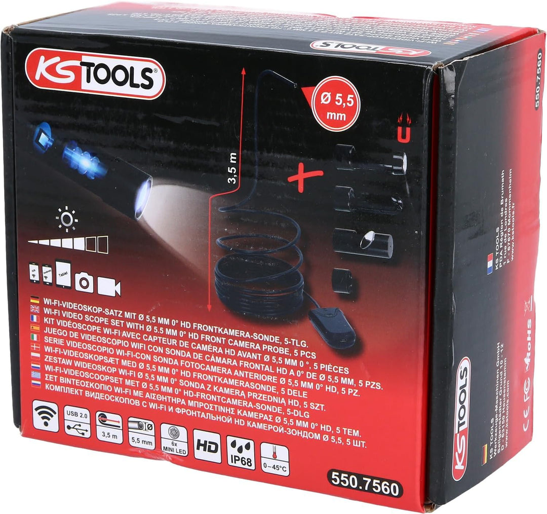 KS 551 Tools 550.756 Wi-Fi-Videoskop-Satz mit Ø 5,5 mm 0° HD Frontkamera-Sonde,